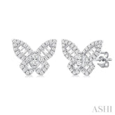 1/2 ctw Butterfly Petite Baguette and Round Cut Diamond Fashion Stud Earring in 14K White Gold